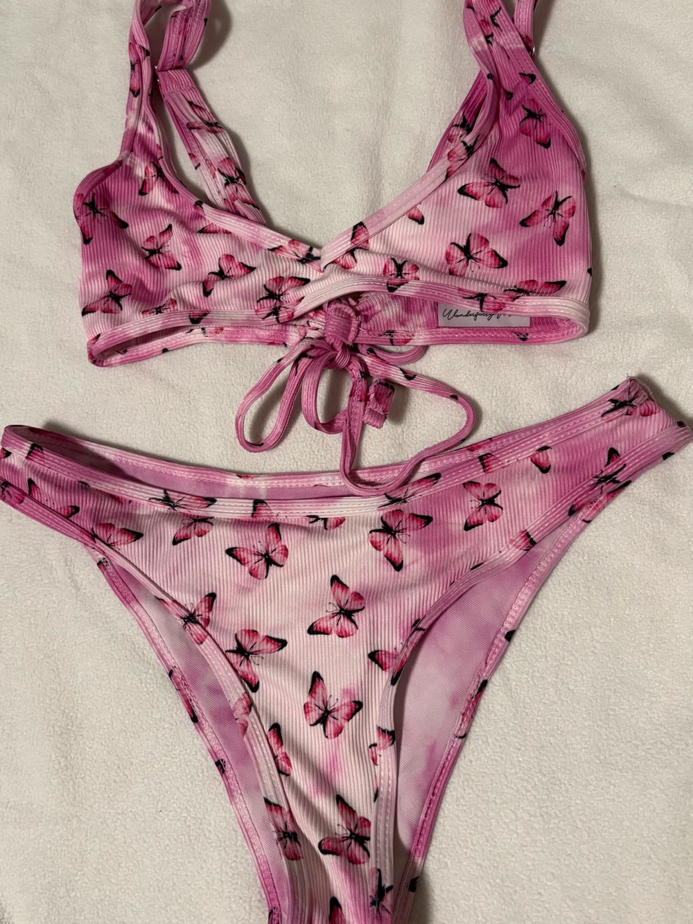 Pink Butterfly Print Ribbed Bikini Set